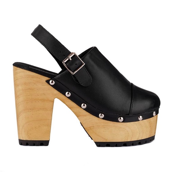 Black Slingback High Block Platform Heeled Organic Cotton Lined Clogs - Picture 3 of 6